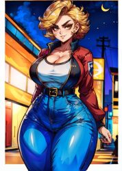 1girls 2d ai_generated astrid_(tampopo) big_breasts black_eyebrows blonde_hair blonde_hair bomber_jacket breasts cleavage earrings female hips hoop_earrings hourglass_figure jacket looking_to_the_side oc original original_character smile solo source standing tampopo thick_thighs thighs thin_waist wide_hips yellow_eyes