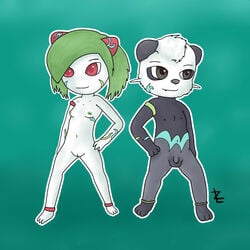 2013 anthro areola balls barefoot bear black_eyes breasts cute female fur hair kirlia male nintendo nipples nude pancham panda penis pokemon pokemon_(species) pussy smile standing video_games young zekromlover