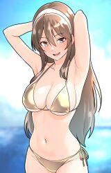 1girls absurd_res absurdres areola_bulge armpits arms_above_head arms_up ashigara_(kantai_collection) bare_armpits bare_arms bare_belly bare_chest bare_hands bare_hips bare_legs bare_midriff bare_navel bare_shoulders bare_skin bare_thighs bare_torso belly belly_button bikini bikini_bottom bikini_only bikini_top blue_sky blush blush_lines blushing_at_viewer blushing_female breasts brown_eyebrows brown_eyes brown_eyes_female brown_hair brown_hair_female cleavage clouds collarbone day daytime dot_nose elbows female female_focus female_only fingers furaggu_(frag_0416) gold_bikini gold_bikini_bottom gold_bikini_top gold_string_bikini gold_swimsuit gold_swimwear groin hair_between_eyes hairband half_naked hands_above_head hands_up high_resolution highres hourglass_figure kantai_collection large_breasts legs light-skinned_female light_skin long_hair looking_at_viewer naked naked_female navel nipple_bulge nude nude_female ocean open_mouth open_mouth_smile outdoor outdoors outside posing sea seaside shoulders side-tie_bikini simple_background sky slender_body slender_waist slim_girl slim_waist solo standing string_bikini swimsuit swimwear thick_thighs thighs thin_waist tongue upper_body upper_teeth v-line white_hairband wide_hips