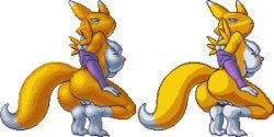 anthro armwear back_view black_nose blue_eyes breasts digimon digimon_(species) digimon_tamers dithering female gloves humbird0 mostly_nude nipples oblivious pixel_(artwork) pixel_art pussy renamon sprite tail transparent_background yellow_fur