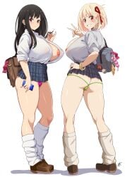 2girls ass bitch black_hair blonde_hair condom female_pubic_hair gyaru hooker huge_breasts inoue_takina large_breasts long_hair lycoris_recoil micro_panties nishikigi_chisato prostitute prostitution pubic_hair school_uniform short_hair sluts slutty_clothes tavor_(m_tavor) v visible_areolae