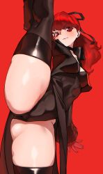 :3 atlus big_thighs cameltoe kasumi_yoshizawa latex_leotard leotard lifting_leg looking_at_viewer monoi_daru persona persona_5 ponytail red_eyes red_hair spread_legs sumire_yoshizawa thighhighs