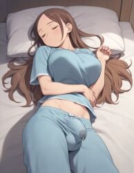 1futa ai_generated asleep belly_button blue_pajamas blush brown_hair bulge closed_eyes eyes_closed futa_only futanari large_breasts laying_on_back laying_on_bed long_hair lying midriff navel on_bed pajamas parted_lips precum_stain precum_through_clothing pyjamas sleeping small_mouth solo supergetthi sweat_drop