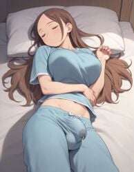 1futa ai_generated asleep belly_button blue_pajamas blush brown_hair bulge closed_eyes eyes_closed futa_only futanari large_breasts laying_on_back laying_on_bed long_hair lying midriff navel on_bed pajamas parted_lips precum_stain precum_through_clothing pyjamas sleeping small_mouth solo supergetthi sweatdrop