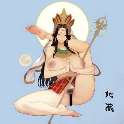 1girls big_breasts black_hair bottomless buddhism buddhist_mythology censored censored_pussy chinese_text closed_eyes cthulhu_chan deity exposed_breasts eyeliner female female_only goddess hands_together headpiece ksitigarbha leg_behind_head long_hair mythology public_domain religion skirt staff tagme tagme_(character)