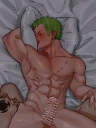 2boys abs anal bara blush cowboy_shot erection facial_hair green_hair hand_tattoo male male_focus male_only multiple_boys muscular muscular_male navel nipples niratama_10 nude one_piece pectorals penis pov pov_crotch profile roronoa_zoro scar scar_across_eye sex short_hair sideburns_stubble stubble tattoo trafalgar_law yaoi