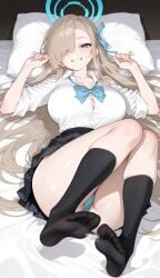 ai_generated asuna_(blue_archive) bare_thighs blonde_hair blue_archive blue_eyes blush gigantic_breasts gyaru hair_between_eyes huge_breasts huge_thighs light-skinned_female light_skin long_hair looking_at_viewer mako_(artist) massive_breasts panties pantyhose school_uniform schoolgirl smiling socks solo_female squatting sweat sweatdrop thick_body thick_female thick_thighs thighhighs thighs voluptuous voluptuous_female