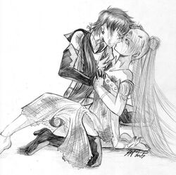 2007 2girls bishoujo_senshi_sailor_moon closed_eyes clothing dress kissing long_hair monochrome saliva sayuri_p seiya_kou smooth_skin usagi_tsukino