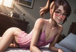 1boy 1femboy ai_generated babydoll blush blush brown_eyes brown_hair bushy_eyebrows cute cute_male cute_smile emily_(lpyxel) femboy flat_chest flat_chested freckles freckles_on_face girly glasses god_rays highres laying_on_bed lpyxel on_bed original original_character pinup ponytail round_glasses self_upload sissy small_penis smile thick_eyebrows tiny_penis