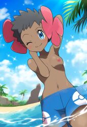 ai_generated beach breasts phoebe_(pokemon) pokemon smile swim_trunks topless