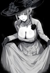 1girls alcina_dimitrescu_(cosplay) big_breasts black_and_white bowing breasts busty chainsaw_man cleavage clothed cosplay dress female female_only hat huge_breasts large makima_(chainsaw_man) masoq095 monochrome resident_evil resident_evil_8:_village shounen_jump spiral_eyes