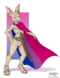 anthro artbyyellowdog balls bat bat_ears belt bisexual_pride_colors bottomless bottomless_anthro bottomless_male casual_exposure chest_tuft cloak clothed clothing digital_media_(artwork) footwear fur genitals green_eyes hi_res humanoid_genitalia humanoid_penis lgbt_pride lgbt_pride_month male mammal melee_weapon mostly_nude mostly_nude_anthro mostly_nude_male penis pride_color_flag pride_colors sandals simple_background solo sword tan_body tan_fur tuft turo_of_akesh weapon wingless_bat