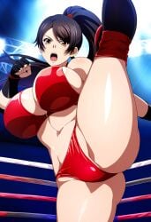 1girls accurate_art_style alluring big_breasts bikini black_hair brown_eyes cleavage dead_or_alive dead_or_alive_xtreme_beach_volleyball doasuki fingerless_gloves kick kicking kunoichi momiji momiji_(ninja_gaiden) ninja_gaiden tecmo wrestling_ring xwf