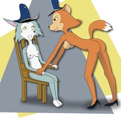 anthro ass breasts canine chair domination feline female fox fur high_heels imminent_rape mammal nipples patrol_03 police rare_show tail yuri