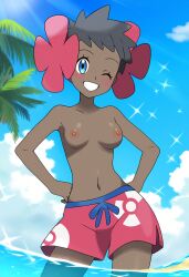 ai_generated beach breasts phoebe_(pokemon) pokemon smile swim_trunks topless