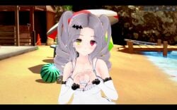 beach beach_ball breasts cone dock grey_hair hair_pin heart_hands heterochromia koikatsu liliana_vampaia looking_at_viewer myholotv red_eyes seaside sleeveless_dress twin_drills umbrella virtual_youtuber white_clothing yellow_eyes