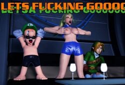 1girls 2boys 2boys1girl breasts breasts_out comedy crossover english_text female funny indoors link link_(ocarina_of_time) luigi male mario_(series) metroid multiple_boys nintendo nipples ocarina_of_time samus_aran source_filmmaker text the_legend_of_zelda tits_out zero_suit_samus