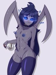 1female alternate_breast_size araklet big_nipples blue_eyes blue_hair blue_nipples blush breasts collar collarbone compact_body embarrassed embarrassed_female embarrassed_nude_female enf female flat_chest flat_chested glistening glistening_body glowing_eyes monster_girl naked naked_female oc original_character potion purple_skin pussy pussy_juice pussy_juice_drip smile solo solo_female sweat sweaty sweaty_body thick_thighs thighhighs thighs twitter_username voluptuous weird wet wet_body wide_hips zaurakthur