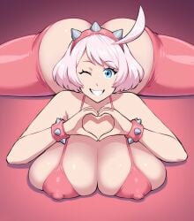 ai_assisted ai_generated ass_visible_from_the_front big_ass big_breasts bikini_top bimboports(ai) blue_eyes elphelt_valentine exposed_ass female guilty_gear guilty_gear_strive headband heart_hands looking_at_viewer nipple_bulge on_stomach smiling tagme winking_at_viewer