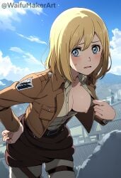 1girls ai_generated attack_on_titan bent_over blue_eyes blush breasts breasts_out embarrassed female female_only hand_on_hip historia_reiss jacket nervous nervous_smile nipples outdoors outside shingeki_no_kyojin slim_girl slim_waist small_breasts smaller_female tits_out unbuttoned_shirt waifumakerart