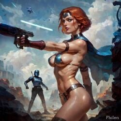 1boy 1girls ai_generated aircraft armlet armor battle belt bikini bikini_armor blue_eyes bo-katan_kryze breasts cape circlet cloud day energy_gun explosion gloves gun helmet holding large_breasts lips navel orange_hair outdoors philon realistic red_hair shiny shiny_skin short_hair sideboob sky solo_focus stable_diffusion star_wars sweat swimsuit sword toned underboob weapon