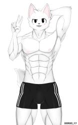 1boy abs adidas anthro armpits arms_up biceps big_balls big_dick big_muscles big_penis big_thighs black_eyes black_nose blush blush_lines blushing boykisser boykisser_(meme) cat_ears cat_humanoid cat_tail catboy dick femboy femboy_only footwear foreskin furry furry_male furry_only gay gay_male giorgio_117 girly hair hair_ornament hi_res horny_male humanoid humanoid_genitalia humanoid_penis legs_together looking_at_viewer mammal mammal_humanoid masculine masculine_male naked pants_rip penis pink_nipples pink_penis ripped_clothing ripped_pants semi-anthro silly_cat_(mauzymice) socks solo solo_anthro solo_focus solo_male standing thick_thighs white_background white_body white_fur white_hair wide_hips wink winking_at_viewer