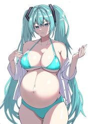 1girls belly big_belly big_breasts bikini blue_hair breasts cigarette cleavage female frown hatsune_miku large_breasts pregnant pregnant_female smoking solo striped_bikini twintails vocaloid yuhancyan