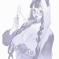 1girls animal_ears bb_panda_bb big_breasts blush but female female_only fully_clothed glasses looking_at_viewer original popsicle saliva saliva_drip saliva_string sweat twin_braids