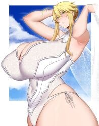 arind_yudha armpits arms_up artoria_pendragon artoria_pendragon_(lancer) artoria_pendragon_(swimsuit_ruler) blush fate/grand_order fate_(series) gigantic_breasts gigantic_thighs holding_clothes nipple_bulge thick_thighs veil voluptuous voluptuous_female white_leotard wide_hips