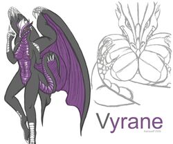 2009 anthro black_scales breast_squish breasts claws dragon english_text female hair hand_on_breast horn kalnareff looking_at_viewer model_sheet monochrome nipples nude plain_background purple_scales pussy red_eyes scalie sketch slit_pupils solo text toe_claws vyrane white_background wings