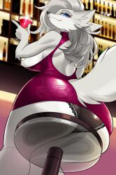 anthro ass blue_eyes female furry kittell_(artist) looking_at_viewer panties thick_ass thick_thighs white_fur white_hair