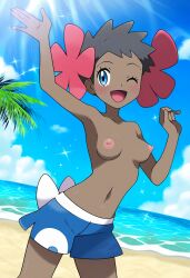 ai_generated beach breasts phoebe_(pokemon) pokemon smile swim_trunks topless