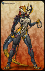 aleisandra anthro armor axe beige_skin black_nipples blue_eyes breasts claws color dragon dragonborn ear_piercing female female_only front_view hair holding horns landingzone lip_piercing looking_at_viewer markings navel navel_piercing nipple_piercing nipples open_eyes orange_skin piercing pussy red_hair scalie solo standing tail tattoo toeless_socks unconvincing_armor vulva weapon whip