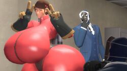 1girls 2males ass big_ass big_breasts big_butt big_thighs breasts female fempyro fully_clothed huge_ass huge_breasts large_ass large_breasts large_butt large_thighs latex_suit spy_(team_fortress_2) team_fortress_2 thick_thighs thighs tomas9ira