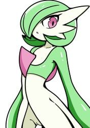 absurdres arms_at_sides baperappu_hashimoto bob_cut cleft_of_venus collarbone colored_skin commentary_request cowboy_shot female flat_chest gardevoir generation_3_pokemon green_hair green_skin hair_over_one_eye highres humanoid looking_to_the_side multicolored_skin not_furry one_eye_covered open_mouth pok&eacute;mon_(species) pokemon pokemon_(species) pussy red_eyes short_hair simple_background solo standing two-tone_skin uncensored white_background white_skin