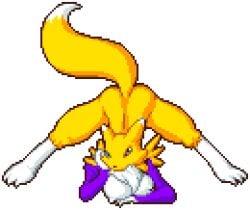 anthro blue_eyes bored bored_expression breast_squeeze breasts digimon digimon_(species) digimon_tamers female gloves humbird0 jack-o_pose looking_at_viewer mostly_nude pixel_(artwork) pixel_art renamon simple_shading solo spread_legs sprite sprite_art tail transparent_background yellow_fur