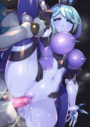 1boy android black_background blue_eyes blue_skin breasts breath censored colored_skin female female_ejaculation green_hair gummyrise gunvolt_chronicles_luminous_avenger_ix hail_(gunvolt) highres large_breasts leg_lift male medium_hair navel nipples purple_skin pussy_juice robot_girl sex solo split standing standing_on_one_leg standing_split straight vaginal_penetration