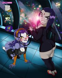 2girls alien alien_girl ben_10 ben_10_omniverse big_breasts blue_hair breasts collar crossover dc dc_comics female female_only femdom femsub grey_skin kneeling leash multiple_girls nipples nipples_visible_through_clothing on_knees raven_(dc) rook_shar sirbanshee teen_titans