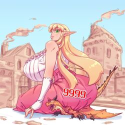 1girls ass big_ass breasts crush damage dragon dress elf elf_female elf_girl female femdom giantess huge_breasts large_breasts n647 original original_character princess sitting size_difference