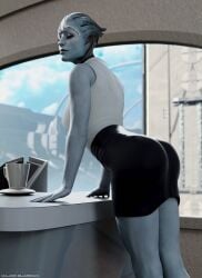 1girls 3d alien alien_girl artist_name asari ass blue-skinned_female blue_body blue_skin female female_only looking_at_viewer looking_back major_guardian mass_effect mass_effect_2 office_clothing pencil_skirt samara secretary solo solo_female