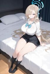 ai_generated asuna_(blue_archive) bare_thighs blonde_hair blue_archive blue_eyes blush gigantic_breasts gyaru hair_over_one_eye huge_breasts huge_thighs light-skinned_female light_skin long_hair looking_at_viewer mako_(artist) massive_breasts school_uniform schoolgirl smiling solo_female squatting sweat sweatdrop thick_body thick_female thick_thighs thighs voluptuous voluptuous_female