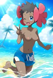 ai_generated beach breasts phoebe_(pokemon) pokemon smile swim_trunks topless