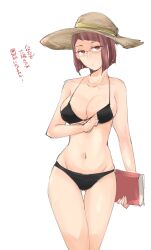 1girls alternate_costume ass_visible_through_thighs bikini black_bikini black_swimsuit bob_cut book breasts cleavage diagonal_bangs female female_only fire_emblem fire_emblem_awakening glasses hair_tubes hat highres holding holding_book large_breasts looking_at_viewer medium_hair miriel_(fire_emblem) navel nintendo red-framed_eyewear red_eyes red_hair shougayaki_(kabayaki_3) sideboob solo straw_hat swimsuit translation_request underboob