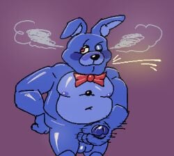 anthro balls blue_body blue_fur blue_nipples blue_penis blush bonnie_(fnaf) bowtie electricity enterman five_nights_at_freddy's fnaf furry humanoid humanoid_genitalia humanoid_penis male male_focus male_only masturbation one_eye_closed penis purple_background rabbit red_eyes robot shiny simple_background steam