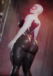 1girls 3d 3d_(artwork) ass audrix big_ass big_butt breasts clothed clothed_female costume fat_ass female female_only from_behind from_behind_position gwen_stacy heroine human human_only marvel pawg rain spider-gwen spider-man_(series) superheroine thick_thighs thighs