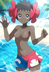 ai_generated beach breasts phoebe_(pokemon) pokemon smile swim_trunks topless