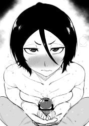 1boy 1boy1girl 1girls annoyed annoyed_expression black_and_white black_hair bleach bleach:_the_thousand-year_blood_war blush blush breasts dripping_precum embarrassed embarrassed_female embarrassed_nude_female female female_focus fingers_interlocked greyscale handjob kaiman_garupan kuchiki_rukia looking_at_viewer monochrome naked paizuri paizuri_lead_by_female paizuri_on_lap paizuri_small_breasts panting pov pov_eye_contact precum sex short_hair small_breasts sweat sweating titjob titjob