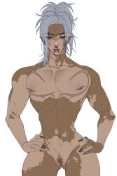 black_eyes black_nails clitoral_hood clitoris_piercing elf_ears eyebrow_piercing light_blue_hair lip_piercing male_only nipple_piercing nipples nose_piercing piercings small_waist small_waistthick_thighs tdick top_surgery_scars trans_man transmasc vitiligo