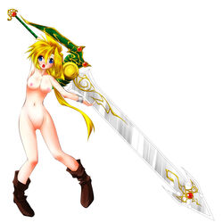 1:1 beige_skin bianca's_son blue_eyes blush boots bracelet breasts color dragon_quest dragon_quest_v female female_only footwear front_view hair highres huge_weapon human jewelry long_hair medium_breasts navel nipples nude open_eyes open_mouth oushi_(artist) pink_nipples pussy rule_63 solo sword vulva weapon white_background yellow_hair