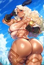 1girls 2d abs ai_generated amazon_(dragon's_crown) arm_up armlet back_view bare_arms bare_legs bare_shoulders bare_thighs biceps big_breasts bikini bikini_armor bikini_bottom bikini_top black_gloves blonde_hair blue_eyes blush breasts circlet clenched_teeth clothed clothing collarbone color commentary cowboy_shot curly_hair day dragon's_crown female female_focus female_only fit fit_female from_behind hair_ornament hi_res huge_ass large_breasts ldoe_art light-skinned_female light_skin lips long_hair looking_at_viewer muscles muscular muscular_arms muscular_female muscular_legs muscular_thighs nipples outdoors shiny_skin sideboob solo solo_female standing sweat tanline tattoo thick_thighs vanillaware variant_set